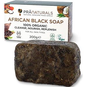 Pranaturals Sapone nero africano grezzo e 100% biologico, 200 g, eticamente realizzato a mano in Ghana, adatto per tutti i tipi di pelle, disintossicante e anti-invecchiamento, puro, naturale, vegano