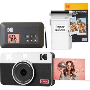 KODAK Mini Shot 2 Retro 4PASS 2-in-1 Fotocamera istantanea e stampante fotografica (5,3 x 8,6 cm) + 8 Fogli inclusi + confezione da 30 fogli, Bianco