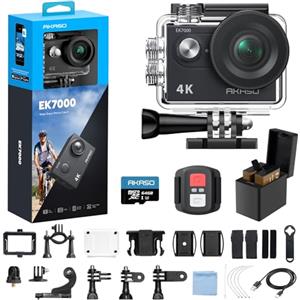 AKASO EK7000 Action Cam 4K WiFi Impermeabile 30M con Scheda 64GB, Fotocamera Subacquea WiFi 20MP, Microfono Esterno, Telecomando, 2 Batterie 1050 mAh, Accessori per Sport