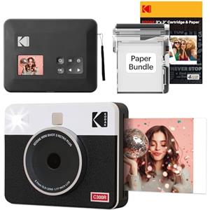 KODAK Mini Shot 3 Retro Regalo di Natale 4PASS 2-in-1 Fotocamera Istantanea & Stampante Fotografica (7,6x7,6cm) + 8 fogli inclusi + Pacchetto con 30 Fogli, Bianco