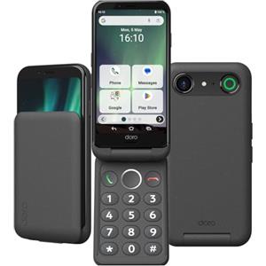 DORO - Pacchetto Smartphone Aurora A20 - Base di ricarica wireless - Telefono cellulare per anziani con flip - Tasto assistenza - GPS - Compatibile con apparecchi acustici - Cavo USB incluso - Grafite