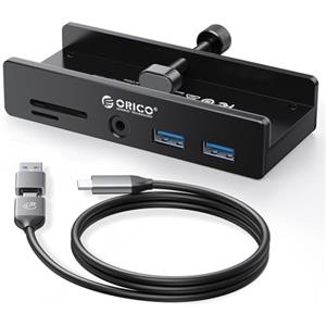 ORICO Hub USB 3.0, Hub USB a pinza con lettore di schede SD/TF, Splitter USB con 2 porte USB-A 3.0, audio da 3,5 mm, 5 Gbps, collegamento alimentazione 5V, per monitor, desktop