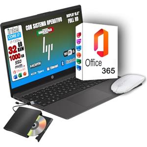HP 250 G10 Computer Portatile Notebook, Intel Core i7-1355U 13th 10Core, fino a 5 GHz, Display 15.6'' FHD, Ram 32GB, SSD 1TB, Windows 11, Pronto all'uso con OFFICE 365, mouse usb + lettore dvd.