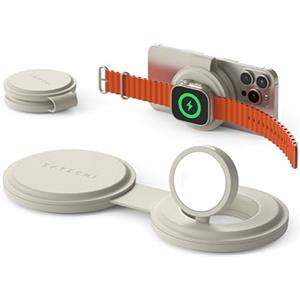 SATECHI OntheGo™ Caricatore Wireless Pieghevole 2 in 1, Stazione di Ricarica Rapida Qi2 15W per Serie iPhone 17 16 15 a 12, 5W per Apple Watch e AirPods, Caricatore a Induzione da Viaggio - Beige