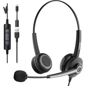 Wantek Cuffie USB con microfono per laptop,cuffie cablate per PC con adattatore USB-C,controllo del volume e cancellazione del rumore per call center,Ufficio,VoIP e Skype