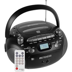 Retekess TR630 Lettore CD, Lettore Cassette Audio, Radio FM AM, Stereo Boombox, Riproduzione USB TF Card, Retroilluminazione LCD (Nero)