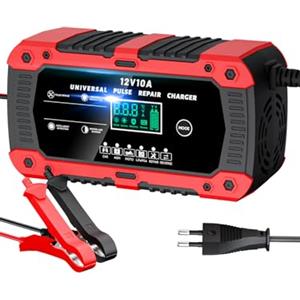 RYQLVOT Caricabatterie Auto 10A 12V Mantenitore Batteria Moto Intelligente Carica Batteria Portatile con Schermo LCD Multi Protezioni 6 Modalità per Moto Auto Batteria AGM Barche