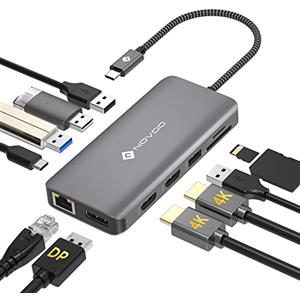 NOVOO Docking Station Triple Display USB C Hub Con HDMI 4K@60Hz e DisplayPort 4K@120Hz, Gigabit Ethernet, 100WPD, SD/TF, 4 Porte USB per MacBook e Altri Laptop USB C