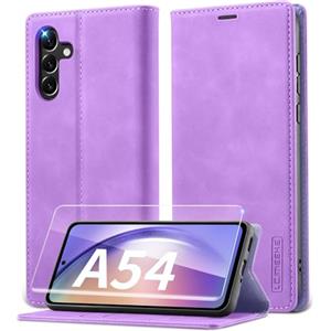 Lanhiem Cover per Samsung Galaxy A54 5G, RFID Blocker, Flip Libro Pelle Premium, Wallet Case con Porta Carte, Portafoglio Magnetica, Custodia per Samsung A54 5G con Vetro Temperato, Viola