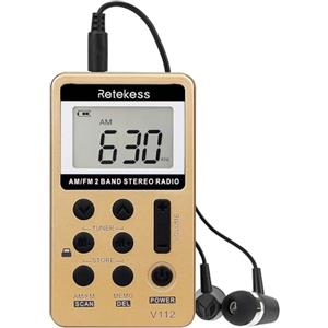 Retekess V112 Miniradio con Cuffie,Radio Portatile Ricaricabile,AM FM Radio a Pile,a Batteria,per Corsa,Viaggi, Anziani,Pescare (Oro)