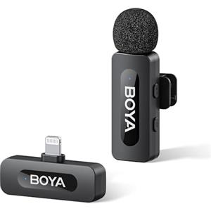 BOYA by-V1 - Microfoni wireless per iPhone e iPad con porta Lightning certificata MFi, portata 100 m, durata della batteria 9H, riduzione del rumore, mini microfono con clip sul bavero wireless per la