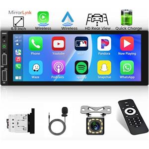 Inefala Autoradio 1 Din Bluetooth con Wireless CarPlay e Android Auto & Assistente Vocale, 6,9 Pollici HD Touchscreen Stereo Auto Bluetooth con Radio FM USB AUX EQ Telecamera Posteriore e Microfono