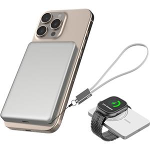 JUOVI Magnetico Wireless Power Bank, Ultra-Slim 5000mAh Piccolo Caricatore Portatile 20W PD Ricarica Rapida Mini Batteria Esterna con Cavo USB C per MagSafe i-Watch iphone 16 15 (Bianco, 20W)