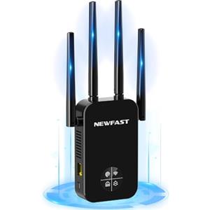 NEWFAST Ripetitore WiFi Potente per Casa, 1200Mbps WiFi Extender Dual Band 2.4GHz/5GHz con 4 Antenne ad Alto Guadagno, Porta Ethernet, WPS, Display Intelligente, Supporta 3 Modalità(Nero)