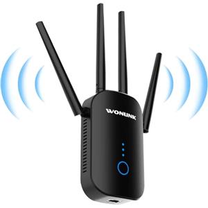 WONLINK Ripetitore WiFi Potente per Casa, 1200Mbps WiFi Extender 5GHz & 2,4GHz Dual Band Amplificatore wifi Supporta Modalità Ripetitore/Router/AP, Ripetitori con WPS, Porta Ethernet, 4 Antenne (Nero)