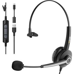 Wantek Cuffie USB mono con microfono per PC e laptop,cuffie monoauricolari cablate con adattatore USB-C,controllo volume e riduzione rumore per call center,ufficio, VoIP,Skype,Teams,Zoom