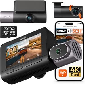 70mai Dash Cam 4K T800 3 Canali Dual 4K+1080P Anteriore Posteriore Interno, 3 HDR Dual STARVIS 2 con microSD 512GB, 4G LTE, Rilevamento del Movimento AI, Visione Notturna, Monitoraggio Parcheggio