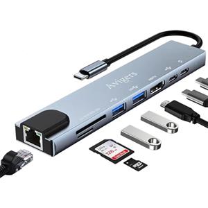Avigers Hub USB C, Adattatore Usb C 8 in 1 con HDMI 4K, Ethernet RJ45, Lettore Schede SD/TF, PD 100W, USB 3.0, Usb 2.0, Compatibile per Computer/MacBook Pro Air/iPad/Surface/Samsung/Steam Deck
