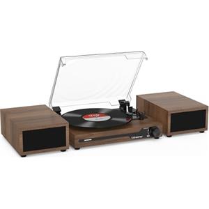 Udreamer Giradischi con 2 altoparlanti stereo doppio, giradischi vintage Bluetooth 5.3 supporta 3 velocità, AUX-In, RCA Line, USB, riproduzione wireless, caffè