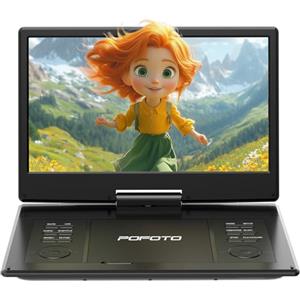POFOTO Lettore DVD Portatile 15,7'' con Schermo HD Ruotabile 14,1'', Batteria 6 Ore, Supporto Multiformato Dischi/SD/USB, Regione Libera, Riproduzione Memoria, Sync TV e Proiettore, Doppi Altoparlanti