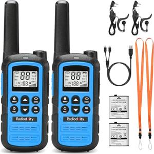 Radioddity PR-T6 Walkie Talkie Bambini PMR446 Radio Bidirezionale Ricaricabile a Lungo Raggio con VOX, Ricarica USB-C, Torcia Elettrica, Suricolare per il Campeggio e l'escursionismo, 2 Pacchi (Blu)