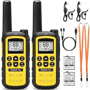 Radioddity PR-T6 Walkie Talkie Bambini PMR446 Radio Bidirezionale Ricaricabile a Lungo Raggio con VOX, Ricarica USB-C, Torcia Elettrica, Suricolare per il Campeggio e l'escursionismo, 2 Pacchi(Giallo)