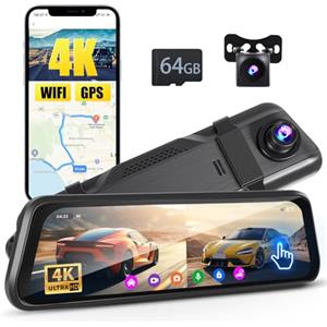 Inefala 4K Dash Cam Specchietto con WiFi/GPS/Control APP, 9.66'' Schermo Tattile Specchietto Retrovisore, Dashcam Auto Fronte Retro con Scheda SD 64G, ADAS, Sensore G, Registrazione Loop
