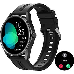HUAKUA Smartwatch Uomo Chiamate e WhatsApp Rotondo Orologio Smart Watch Fitness con Risposta Chiamate Bluetooth Contapassi da polso Cardiofrequenzimetro Saturimetro Impermeabile per Andorid iOS Nero