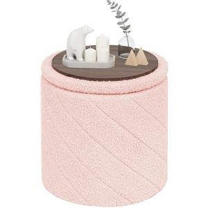 PINPLUS Pouf Contenitore Rotondo Pieghevole, in Teddy Bouclé, con Coperchio Ribaltabile come Tavolino, per Soggiorno e Camera, Ø 33 x 35 cm, Rosa