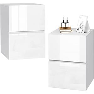 EUGAD Set di 2 Comodino con 2 Cassetti Lucido, Mobiletto Bianco per Camera da Letto, Salotto, Cassettiera Piccola Salvaspazio in Legno, 40x40x58cm, Design Moderno, 0182ZZ-2