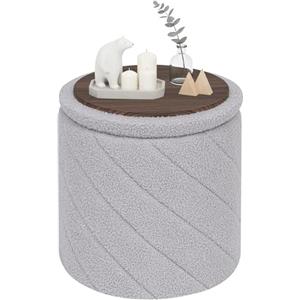 PINPLUS Pouf Contenitore Rotondo Pieghevole, in Teddy Bouclé, con Coperchio Ribaltabile come Tavolino, per Soggiorno e Camera, Ø 33 x 35 cm, Grigio