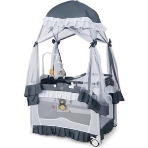 RELAX4LIFE Lettino da Campeggio con Lusso Baldacchino Zanzariera, Culla Neonato Fianco Letto con Materasso e Carillon, Ruote Bloccabili, per Bambini 0-36 Mesi (Grigio)