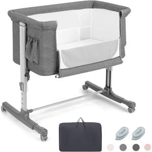 RELAX4LIFE 3 in 1 Culla Neonato Fianco Letto, Culla da Campeggio con Materasso e Cinghia Fissaggio, Regolabile In Altezza 5 Posizioni, Borsa per il Trasporto, per Bambini 0-6 Mesi (Grigio Chiaro)