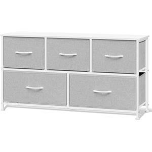 WOLTU Cassettiera Camera da Letto, Cassettiera con 5 Cassetti a 2 Livelli in Tessuto, Mobile con Cassetti Industriale, Struttura in Metallo e Legno, Grigio Tortora + Bianco Nuvola