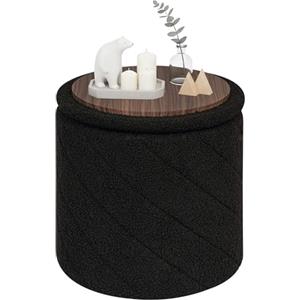 PINPLUS Pouf Contenitore Rotondo Pieghevole, in Teddy Bouclé, con Coperchio Ribaltabile come Tavolino, per Soggiorno e Camera, Ø 33 x 35 cm, Nero