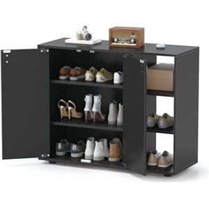 RELAX4LIFE Mobile Porta Scarpe, Organizer per Scarpe in Legno a 3 Ripiani con Ante e 3 Ripiani Regolabili, Moderno Mobile Scarpiera Autoportante per Ingresso, Corridoio, Soggiorno, Armadio (Nero)