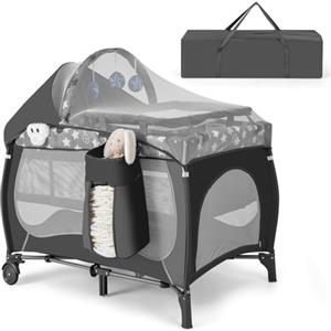 RELAX4LIFE 4 in 1 Lettino da Campeggio per Neonati, Culla da Viaggio con Fasciatoio, Baldacchino Retrattile con Zanzariera, Adatto a Bambini da 0 a 36 Mesi (Stelle Grigie)