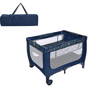 LIFEZEAL Culla da Campeggio con Materasso, Lettino da Viaggio in Tessuto Oxford con Ruote, Rete Traspirante e Borsa, Lettino da Campeggio per Bambini Fino a 3 Anni (Blu)