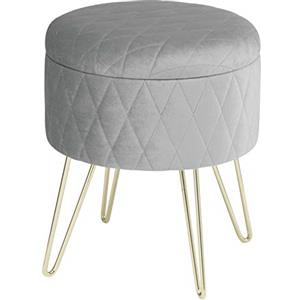 WOLTU Sgabello Basso per Ingresso Salotto Contenitore Rotondo con Coperchio Rimovibile Poggiapiedi di Velluto Grigio Chiaro