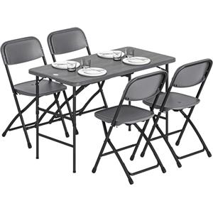 Outsunny Set Tavolo e Sedie da Giardino Pieghevoli 5 Pezzi, Set da Pranzo con Tavolo Regolabile in Altezza Piano HDPE Effetto Legno, 4 Sedie, Set Mobili da Giardino per Terrazza Balcone, Grigio Scuro