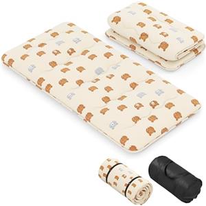 GIANTEX Materasso da pavimento Futon Giapponese, Tappetino Tatami Pieghevole e Portatile, Materasso Pieghevole con Borsa da Trasporto e Fodera Rimovibile (Beige+Orso, 90 x 200 cm)