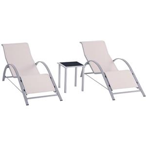 Outsunny Set 2 Sdraio da Giardino e Tavolino in Vetro, Lettino Prendisole con Tessuto Traspirante, 59x169x66cm, Crema