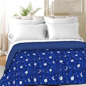 LARA MORADA Trapuntino Copriletto Primaverile-Estivo Stampato/Tinta Unita Moon Double-Face 100% Made in Italy in Morbida Microfibra Blu Matrimoniale 2P