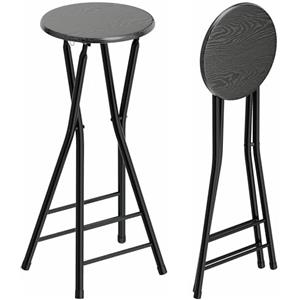 HOMCOM Set 2 Sgabelli Bar Pieghevoli, Sgabelli Cucina Alti Rotondi con 2 Poggiapiedi, Struttura in Legno e Acciaio, Sedie Bar Alte, per Penisola, Nero