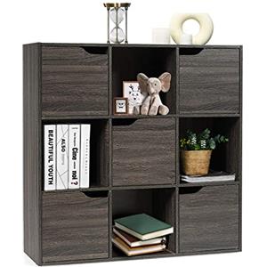 RELAX4LIFE Libreria a 9 Cubi con 5 Ante, Scaffale Espositore in Legno per Decorazioni, Armadio Credenza Moderna a 3 Ripiani, 90 x 29 x 90 cm (Grigio)