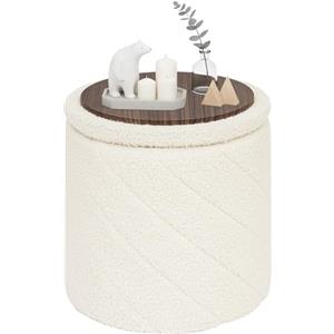 PINPLUS Pouf Contenitore Rotondo Pieghevole, in Teddy Bouclé, con Coperchio Ribaltabile come Tavolino, per Soggiorno e Camera, Ø 33 x 35 cm, Bianco