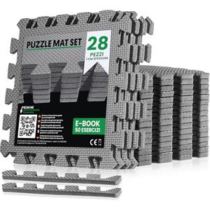 unycos - Tappeto da Fitness a Puzzle【28 Tappetini】Tatami Antiscivolo, Pavimento Protettivo Incastro Palestra in Schiuma EVA, Materassino per Home Gym | Include E-Book, 30x30x1 cm (Grigio)