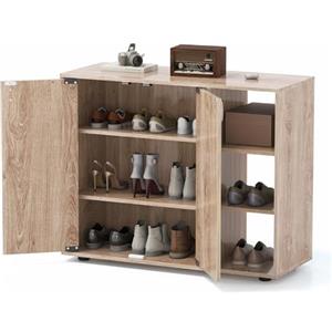 RELAX4LIFE Mobile Porta Scarpe, Organizer per Scarpe in Legno a 3 Ripiani con Ante e 3 Ripiani Regolabili, Moderno Mobile Scarpiera Autoportante per Ingresso, Corridoio, Soggiorno, Armadio (Naturale)