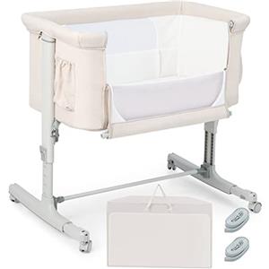 COSTWAY Culla Neonato Fianco Letto 3 in 1, Lettino Dondolo Neonati con Materasso, Culla da Campeggio con Ruote e Borsa, Regolabile In Altezza, Inclinazione di 10°, per Bambini 0-6 Mesi (Beige)