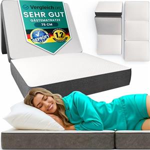 DYNMC you Materasso Pieghevole - Materasso da Terra Pieghevole - Materassino per un Sonno Confortevole - Materasso Pieghevole per Ospiti (Grigio + Bianco, Materasso singolo (75 cm))